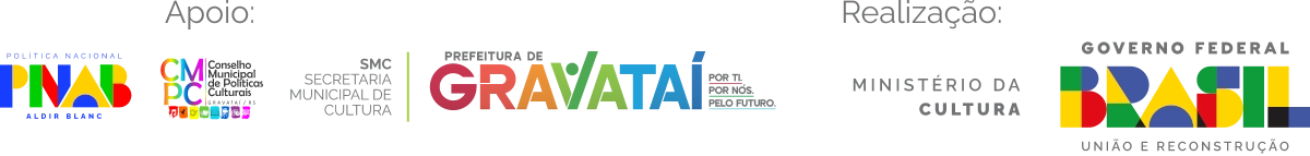 Logo da Política Nacional Aldir Blanc (PNAB), ao lado dos logos de instituições da cidade de Gravataí e do governo federal.
